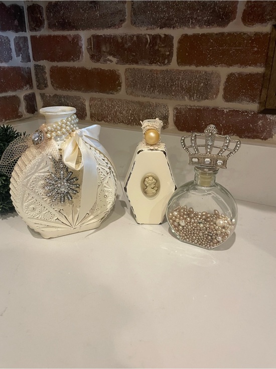 Other - Decorative Cream Glass Bottles Set with Pearl and Crown Accents